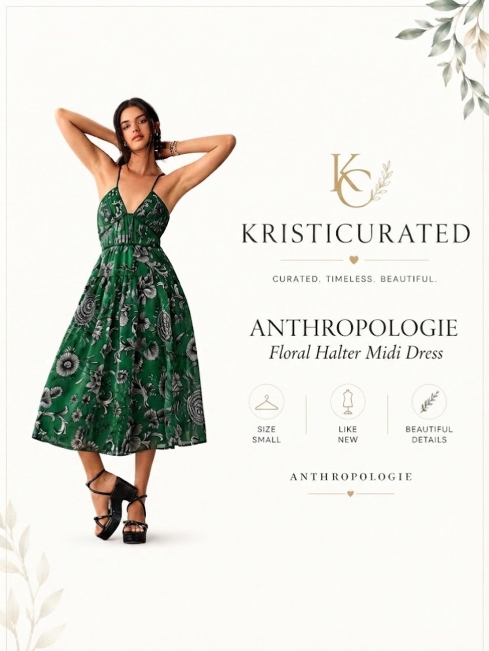 💚 Anthropologie Floral Halter Midi Dress | Size Small | Like New